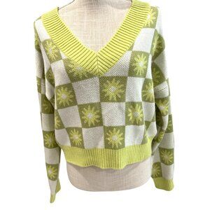 Madden NYC Womens XL Green & White Checkered V-Neck Sweater